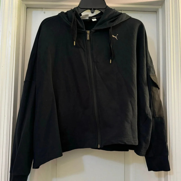 PUMA Cropped Oversized Full Zip Black Hoodie - Picture 1 of 8